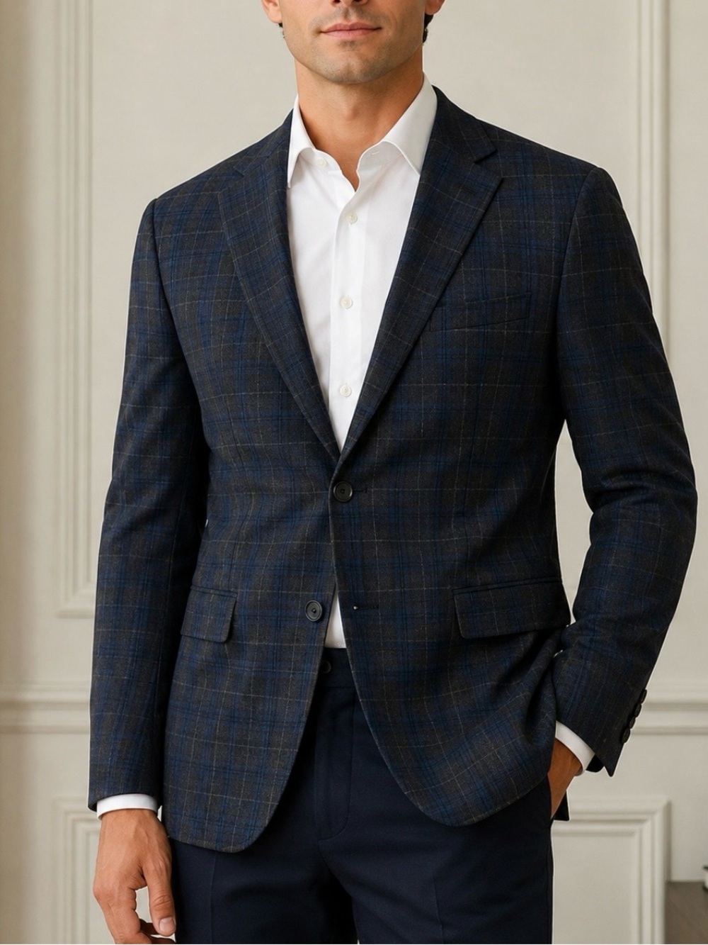 Daniel Hechter Paris Dark Navy Plaid Sport Coat 46R